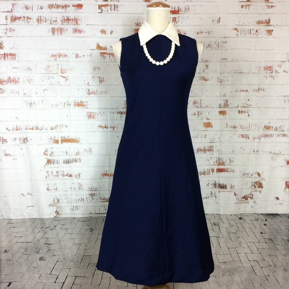 Authentic Original Vintage Style Dresses & Skirts - ILGWU White Pointed Lapel Navy Blue Sheath Dress